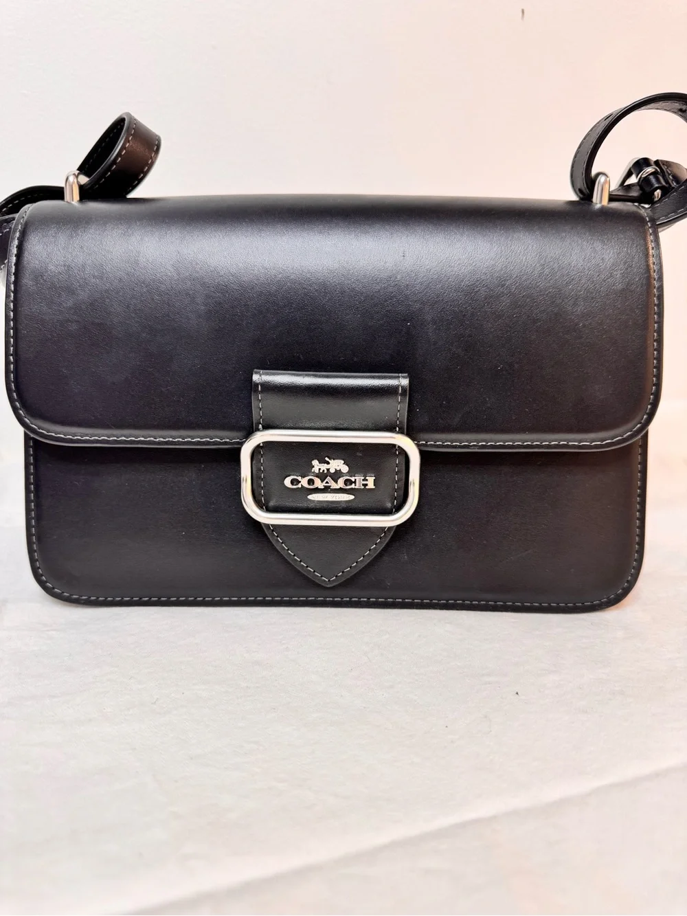 Coach Black Leather Buckle-Front Crossbody Bag